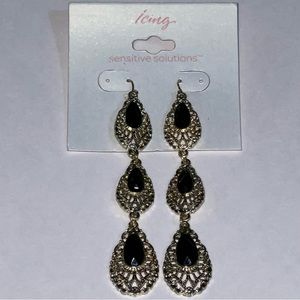 Icing Black & Gold Dangle Earrings. Length 3.5”